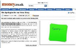 Screengrab of the money.co.uk website with an apology.