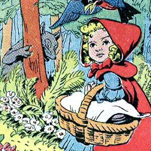 Comic image of little red riding hood.