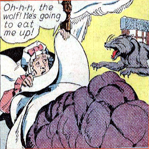 Comic panel of the wolf attacking little red riding hood's grandmother.