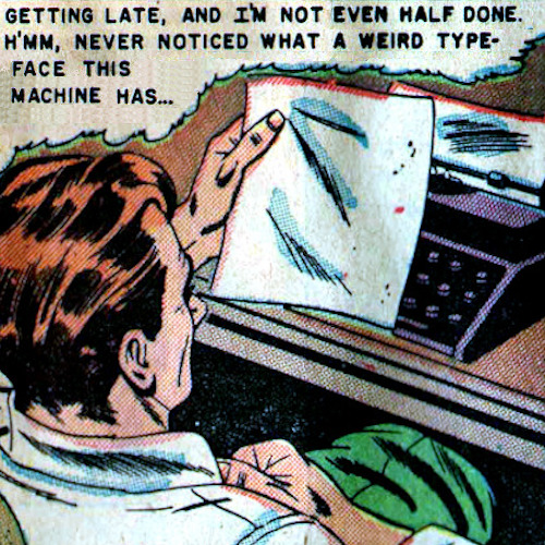 Comic illustration of a man using a typewriter