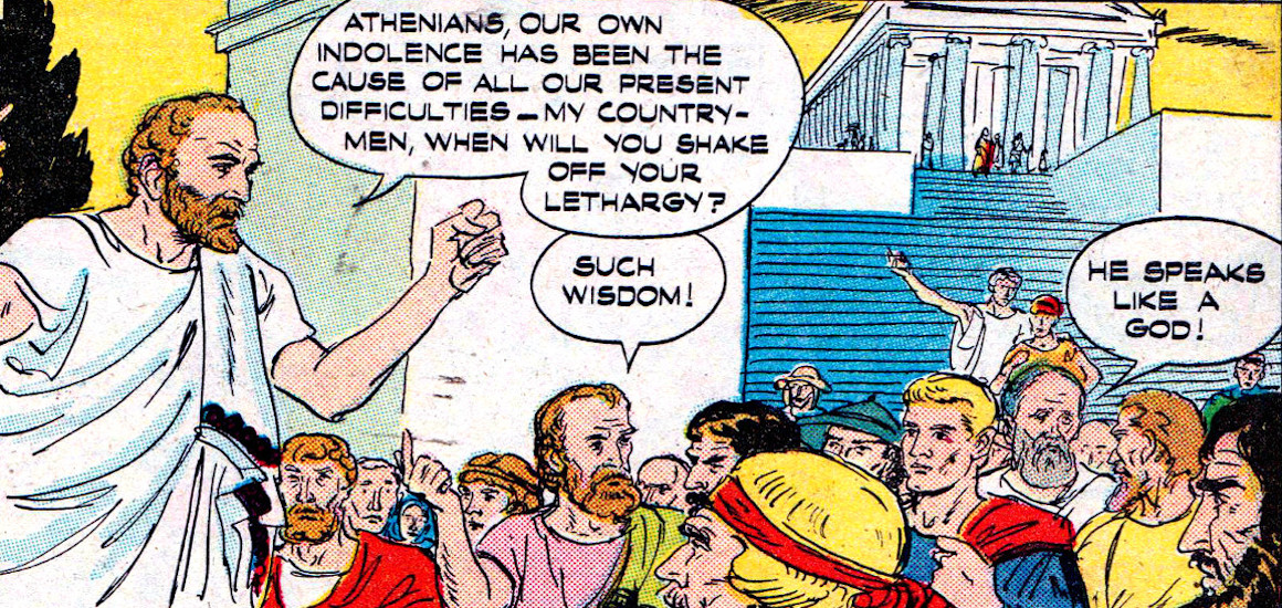 Comic of a philosopher in Ancient Greece talking to a loyal crowd.