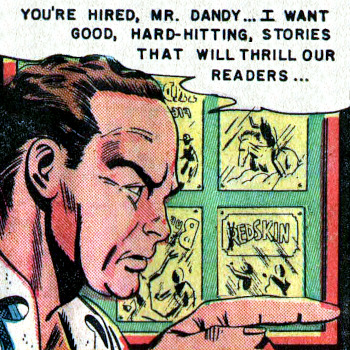 Comic image of a magazine editor commissioning a writer to write hard-hitting stories for his readers.