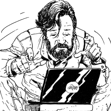 Comic illustration by Carlos Ezquerra of Jonathan Crossfield writing on a laptop.